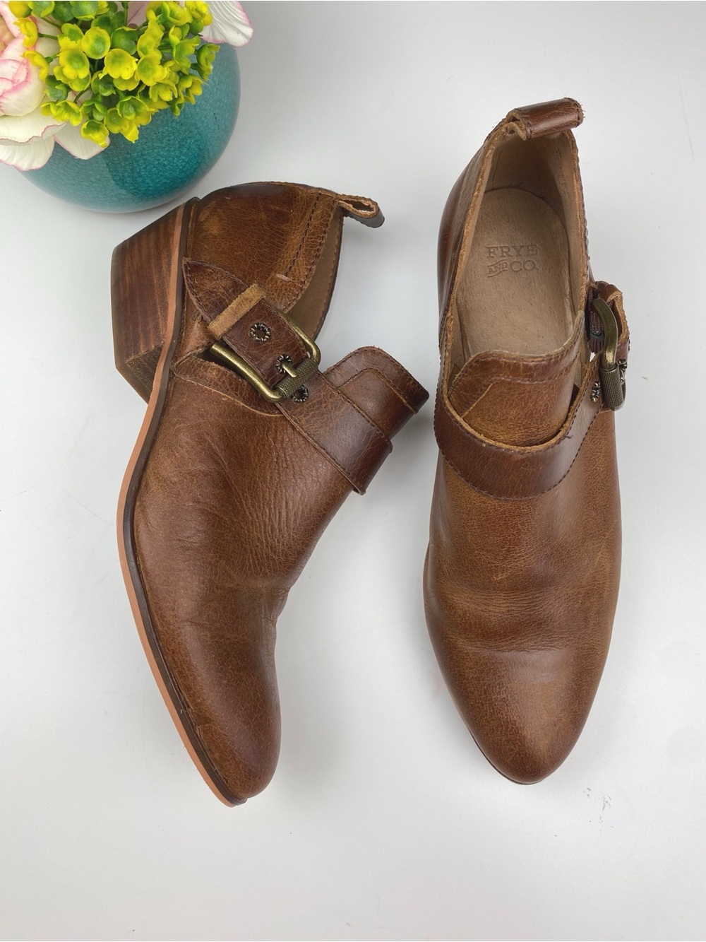 FRYE & CO. Rubie Moto Ankle Booties - Pointed Toe Brown Leather size 8